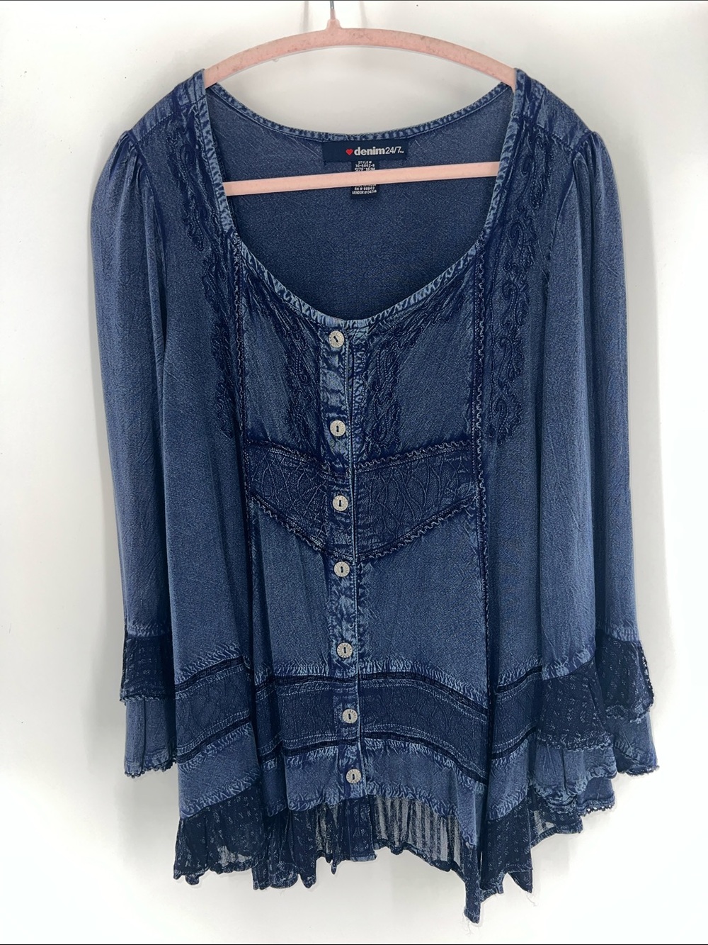 Denim 24/7 Indigo Blue Button-Front Lace-Trim Peasant Blouse boho - Picture 2 of 7